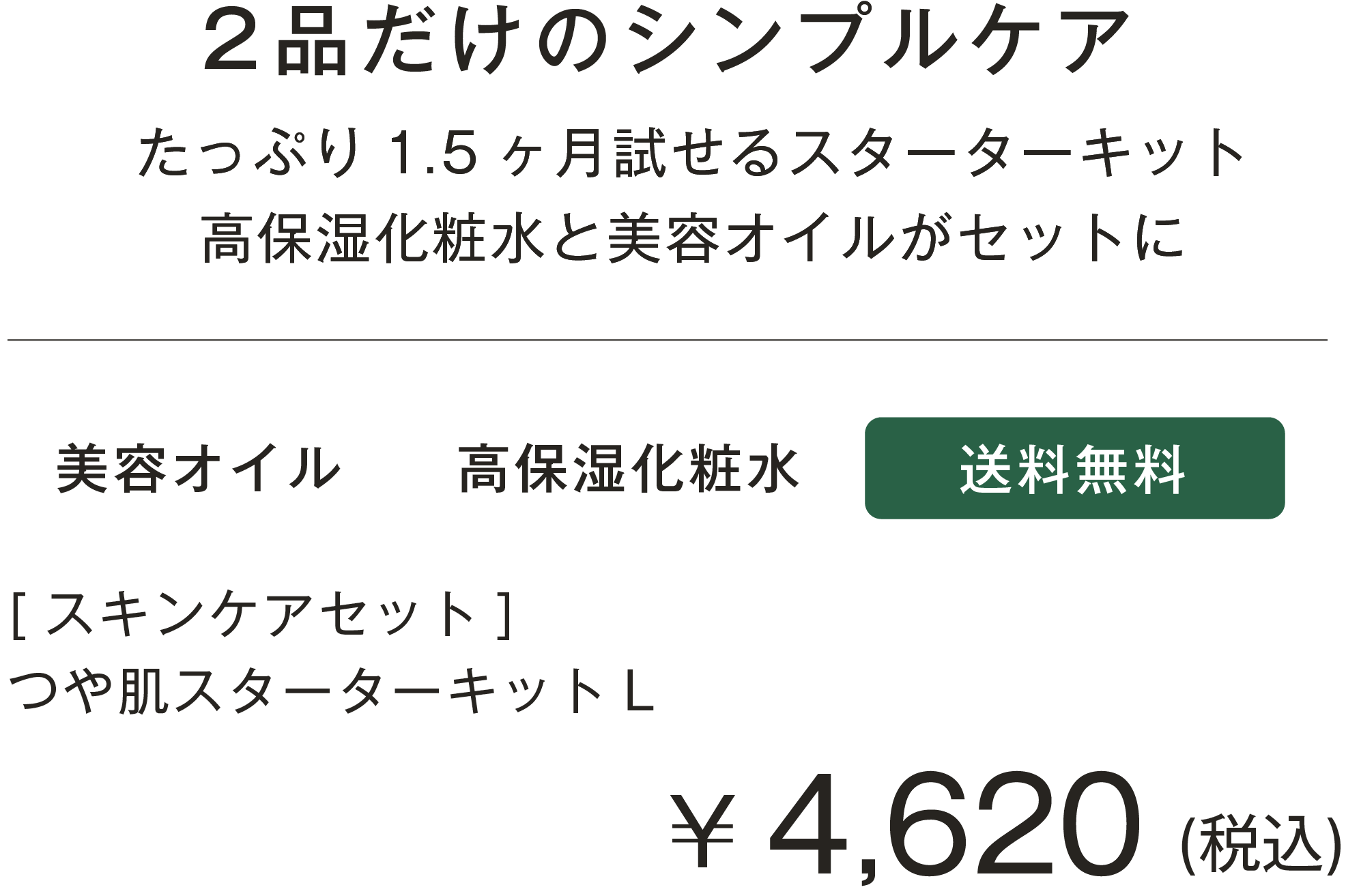 2品だけのシンプルケア　たっぷり 1.5ヶ月試せるスターターキット高保湿化粧水と美容オイルがセットに つや肌スターターキット L（送料無料）¥4,620（税込）