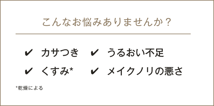こんなお悩みありませんか？ カサつき／うるおい不足／くすみ*／メイクノリの悪さ