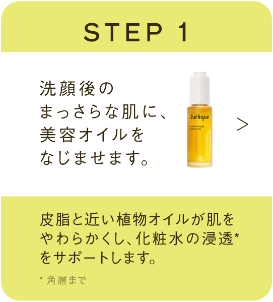 STEP1 洗顔後のまっさらな肌に、まずは美容オイルをなじませます。皮脂と近い植物オイルが肌をやわらかくし、化粧水の浸透をサポートします。
