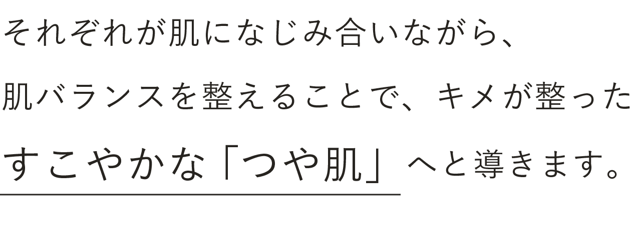 それぞれが肌になじみ合いながら、肌本来の働きをサポートします。それによって、キメが整ったすこやかな肌の証となる「つや肌」へと導きます。