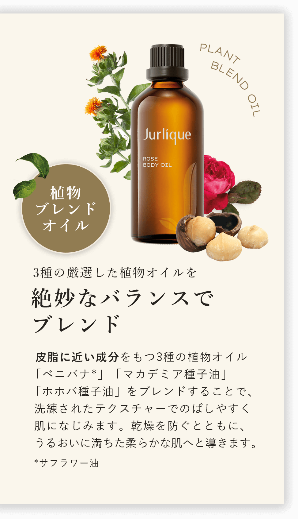 ３種の厳選した植物オイルを絶妙なバランスでブレンド 皮脂に近い成分をもつ３種の植物オイル「紅花」「マカデミア種子油」「ホホバ種子油」をブレンドすることで洗練されたテクスチャーで伸ばしやすく肌に馴染みます。乾燥を防ぐとともに、潤いに満ちた柔らかな肌へと導きます。